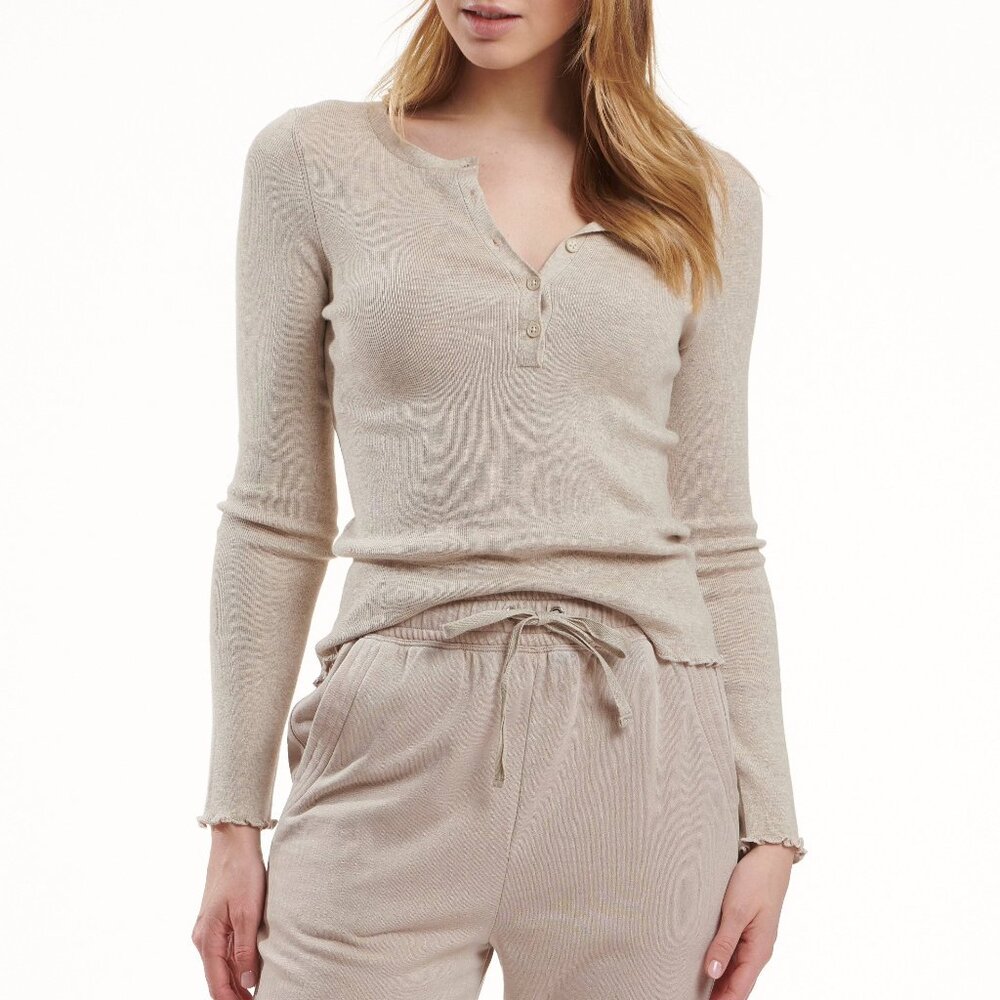 REVOLVE Splendid Layton Henley Top Heather Latte Ribbed Silk Long Sleeve Size S